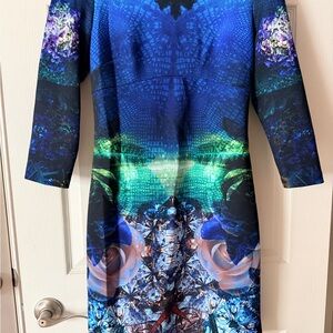 Betsy Johnson Scuba Blue and Green Patterned Dress